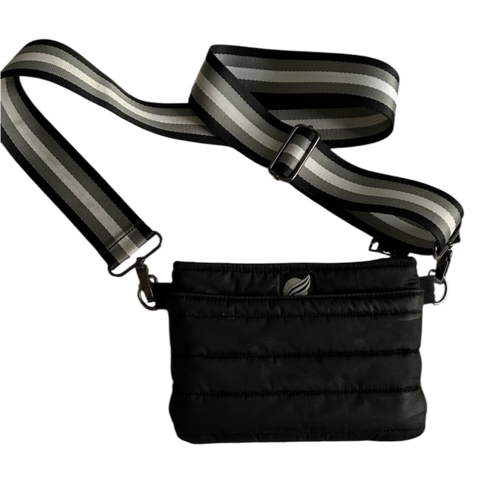 THINK ROYLN Black Quilted Crossbody Bag with Striped Strap